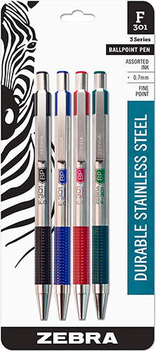 Zebra F-301 Ballpoint Stainless Steel Pens 